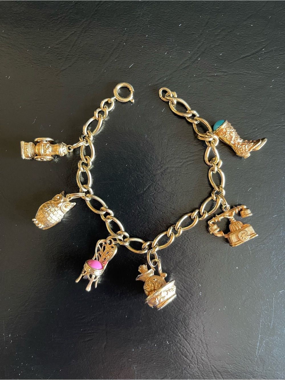 Avon 1970 Owl,telephone,boot,Charm Bracelet.